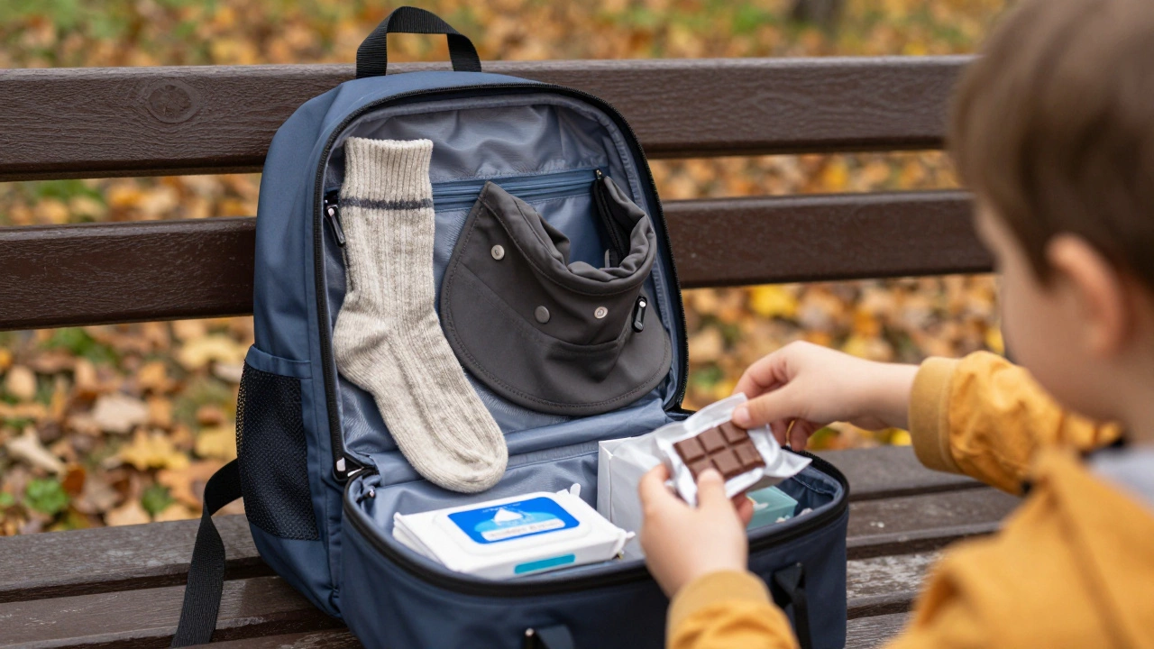 Рюкзак с осенними вещами для ребёнка: носки, воротник-труба, шапка, салфетки и шоколад на скамейке в парке.