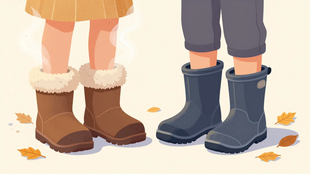 Сравнение зимних ботинок с мехом и современных водонепроницаемых ботинок с термоизоляцией на листьях осени.