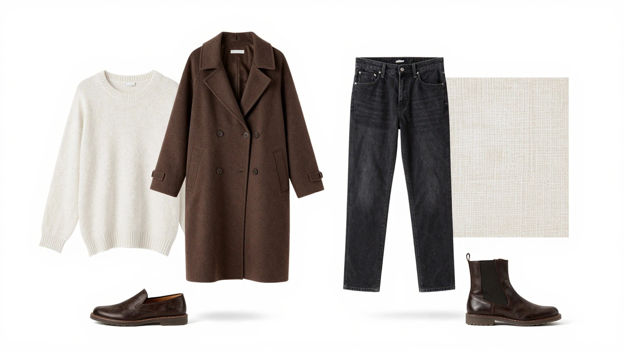 Три ключевые вещи гардероба 2024 года: пальто, брюки и ботинки — на белом фоне, с акцентом на текстуры тканей.