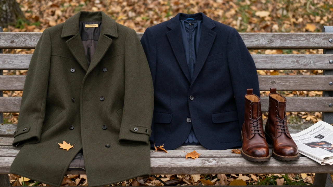 Три ключевых предмета мужской одежды осени 2024: оливковое пальто, темно-синий пиджак и коричневые ботинки на деревянной скамейке.