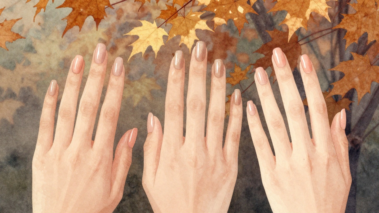 Три оттенка лака на руках: нюд, песочный и персиковый, осенний свет подчеркивает их эффект