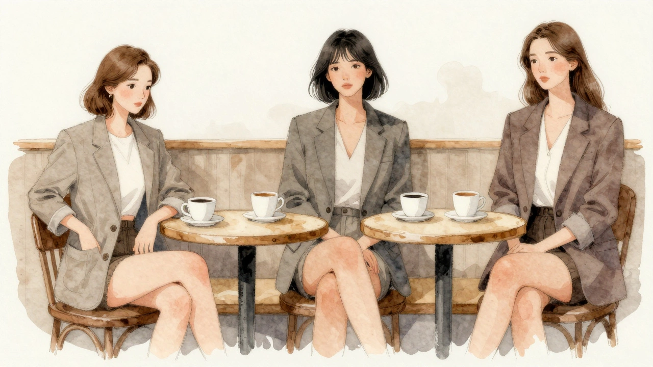 Три женщины разного роста в пиджаках разной длины сидят в кафе, подчеркивая пропорции тела.