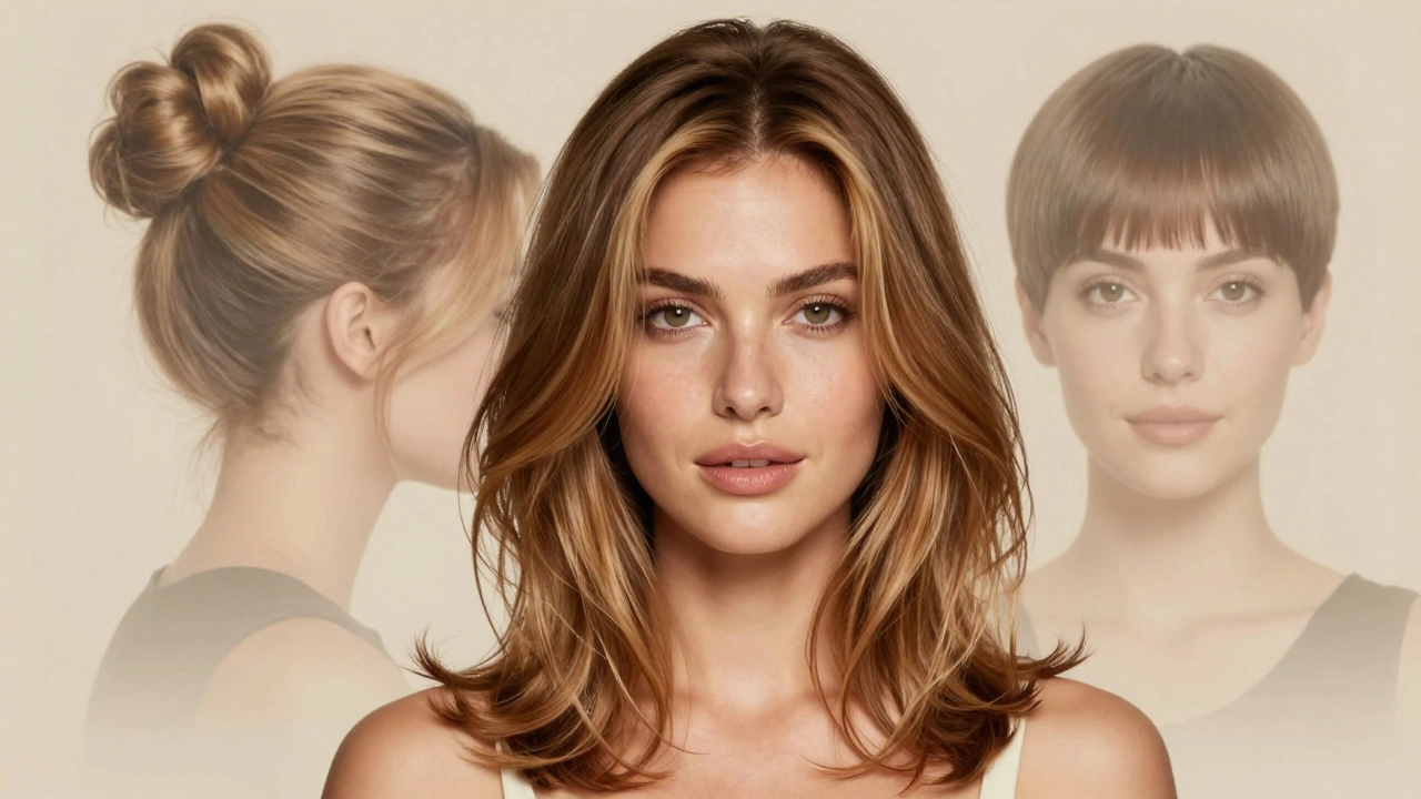 Женщина с объемной стрижкой до плеч, теплым мелированием и естественной текстурой волос, выглядящая уверенно и ухоженно.