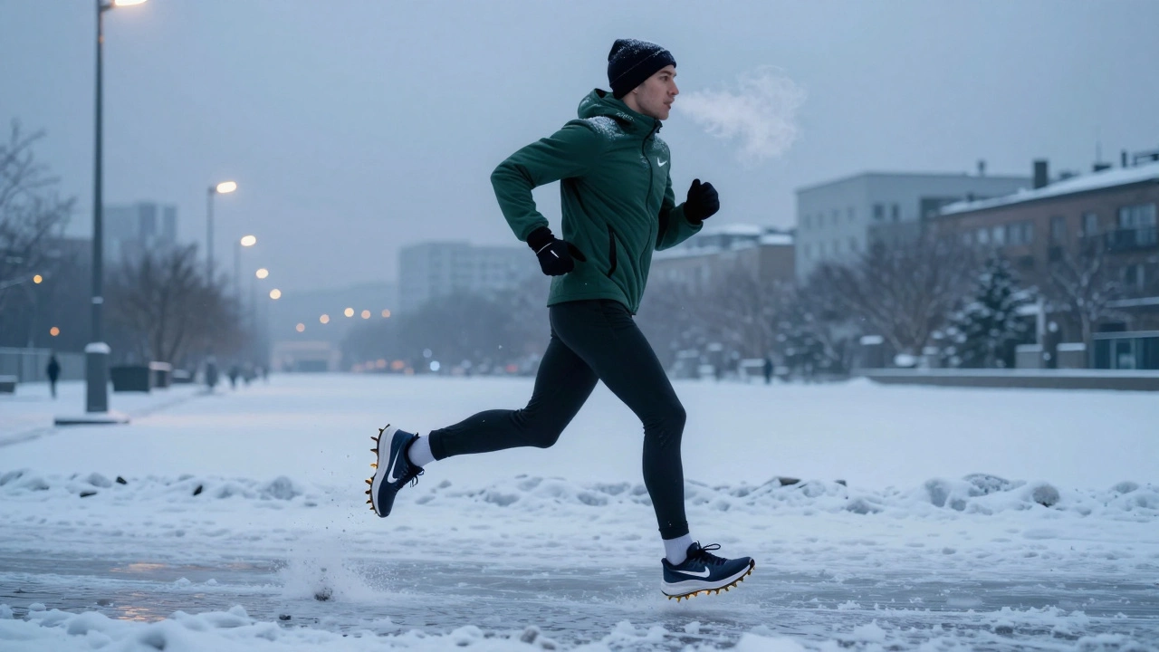 Бегун в зимних кроссовках Nike Pegasus 42 Winter бежит по заснеженной дороге в Москве утром.