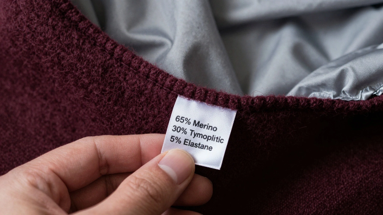 Ближний план этикетки с составом ткани и текстурами качественных материалов.