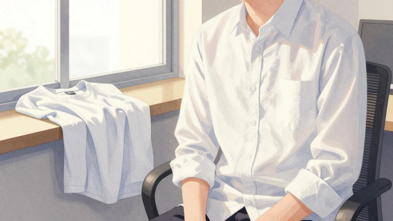 Человек в безмятежной рубашке из перкаля у окна, рядом валяется помятая футболка из поплина.