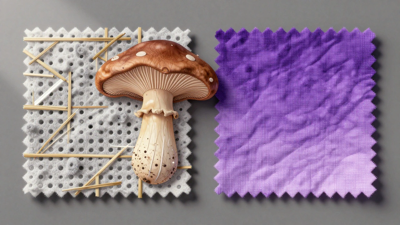 Детали тканей: переработанный полиэстер, биокожа из грибов и термохромная ткань, меняющая цвет от температуры.