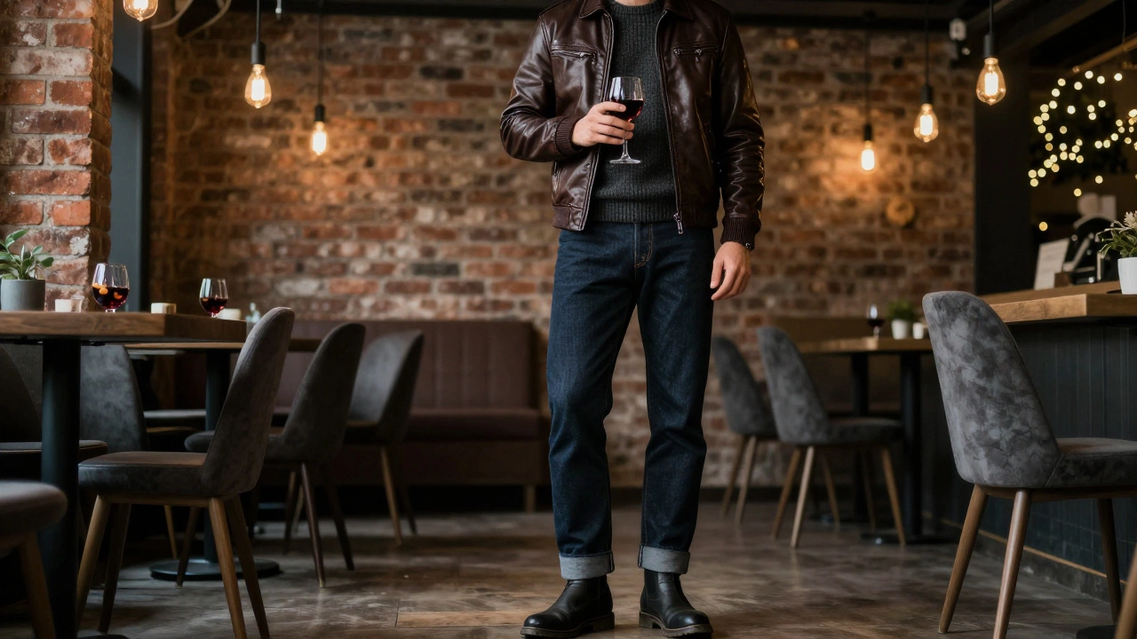 Мужчина в кожаной куртке и свитере с тёмными джинсами в арт-кафе с гирляндами.