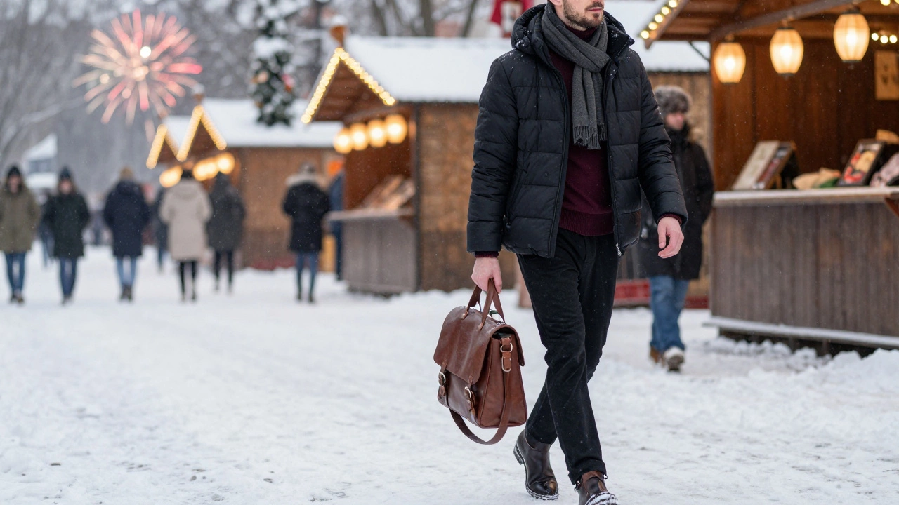 Мужчина в тёмном пуховике без капюшона на новогодней ярмарке с сумкой и ботинками.
