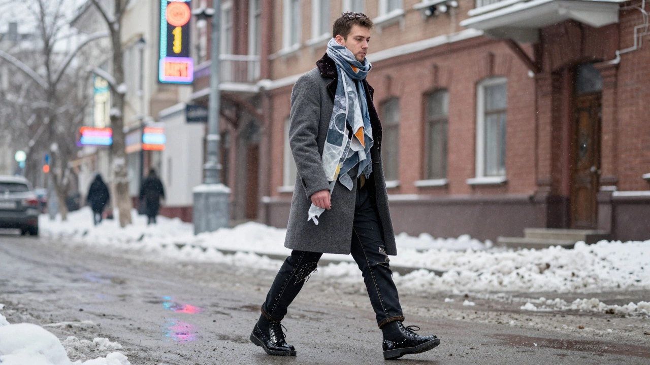 Мужчина зимой на улице Москвы в пальто с бархатным воротником и деконструированных брюках, снег падает вокруг, отражения неоновых вывесок на обуви.