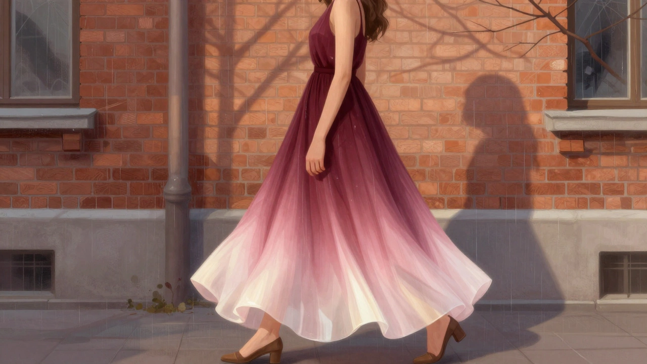 Платье с градиентом от бордового к молочно-розовому, женщина идет по арт-кварталу.
