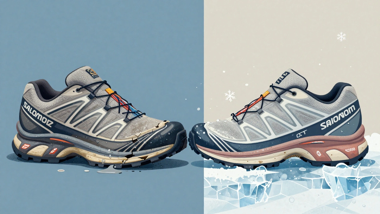 Сравнение: испорченные кроссовки в грязи и надежные зимние кроссовки на льду.