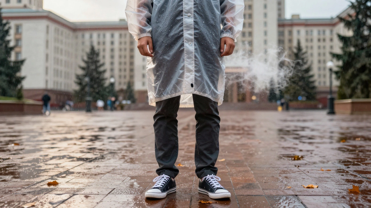 Студент в мембранной куртке под дождем, одежда из биокожи и антибактериальной ткани, капли воды не пропускают.