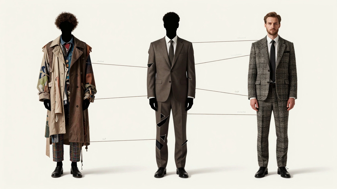 Три мужчины в разных стилях: дадаист, деконструктивист и классик — стоят в белом пространстве, соединенные нитями с надписями 'выбор', 'знание', 'я'.