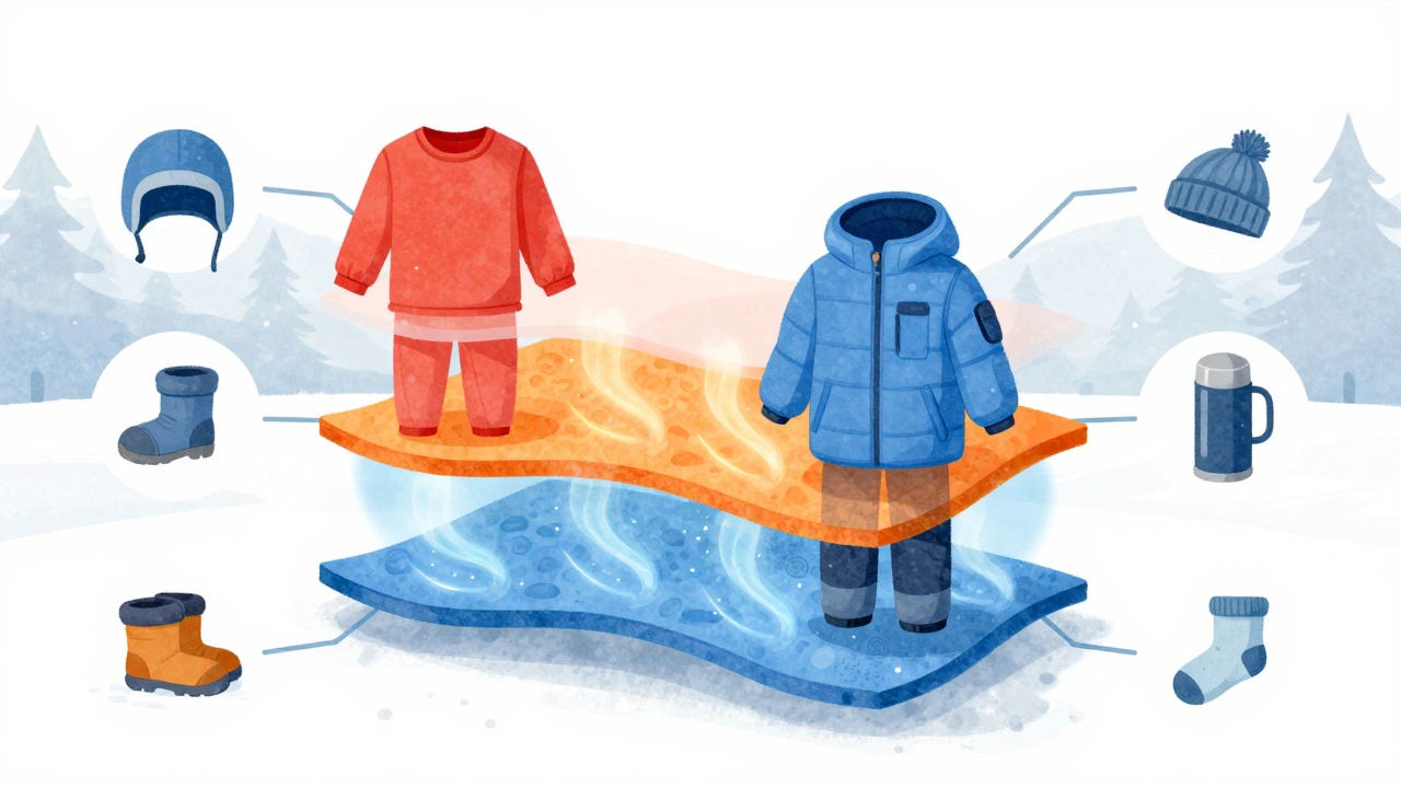 Три слоя детской одежды с воздушными промежутками и аксессуарами для холодной погоды.