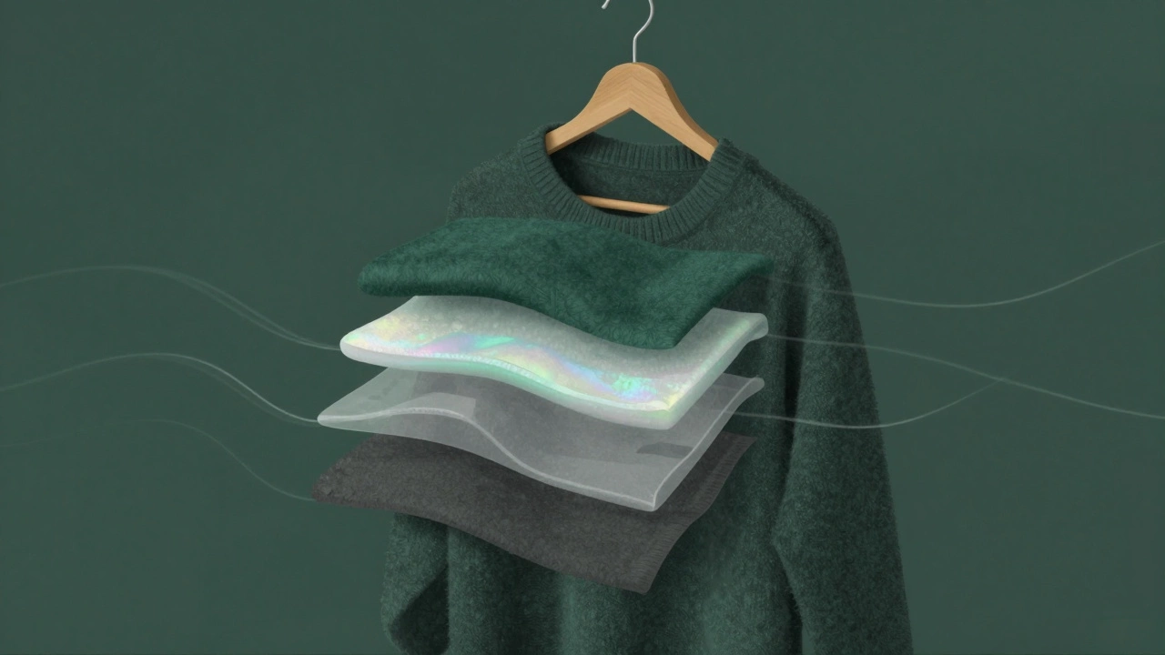 Три слоя зимней ткани: меринос, термополиэстер и аэрогель, расположены на вешалке.