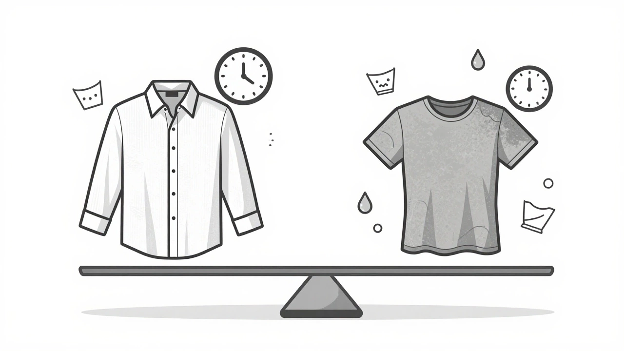 Весы с рубашкой из перкаля и футболкой из поплина, символизирующие долговечность и повседневность.