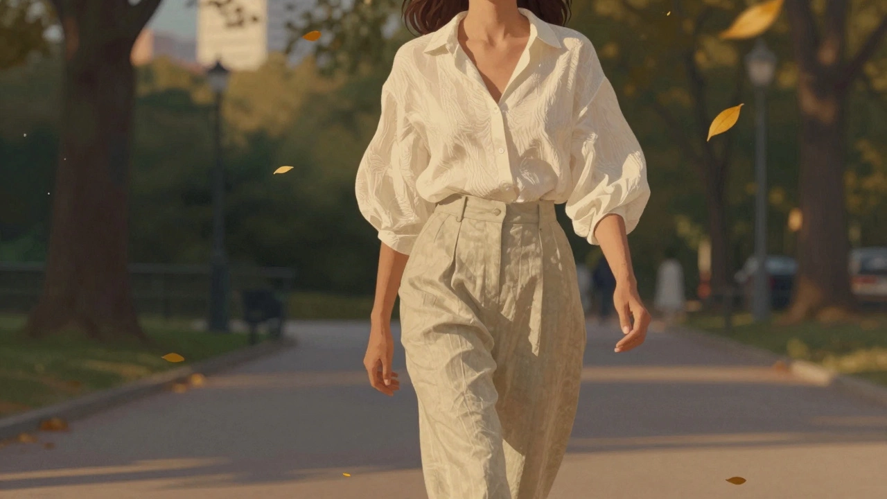 Женщина в текстурированном шифоне и льняных брюках гуляет в парке, закатный свет, воздушные складки.