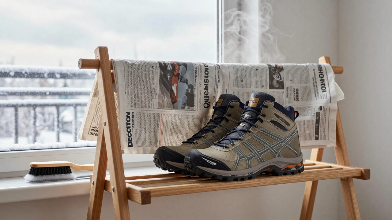 Зимние кроссовки сушатся дома на деревянной стойке, рядом — газета и щетка для ухода.