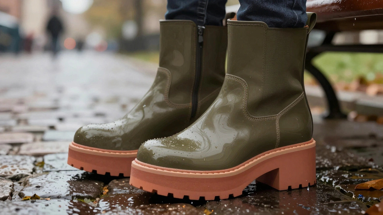 Ботинки на платформе в оливковом и терракотовом цветах стоят на мокрой брусчатке, с каплями дождя и резиновой подошвой.