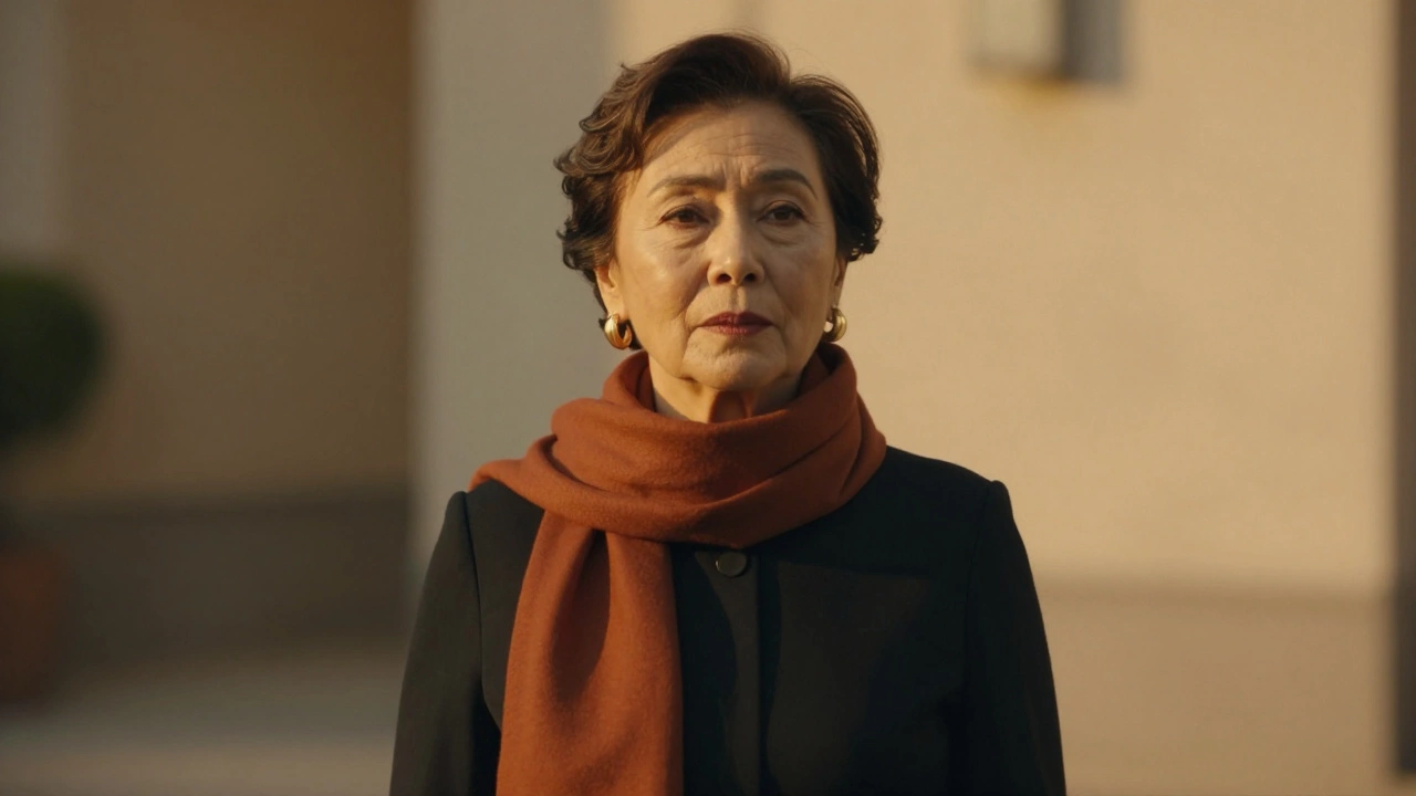 Черное платье с терракотовым шарфом и золотыми серьгами