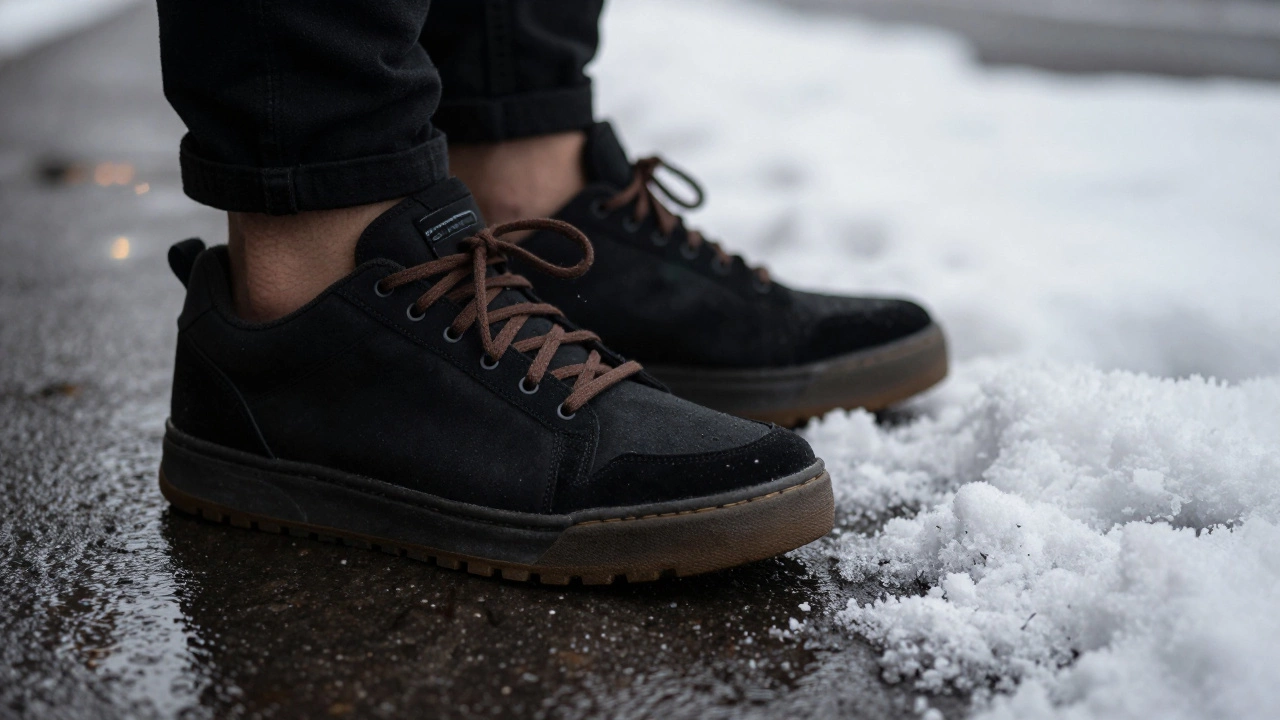 Черные кроссовки с коричневыми шнурками на снегу и мокром асфальте, детализированная подошва.