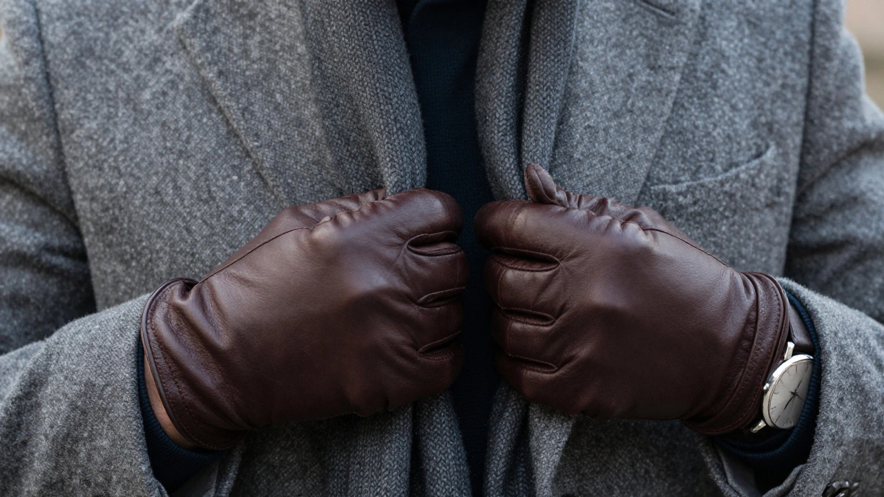 Деталь рук: кожаные перчатки, шерстяной шарф и простые часы на запястье.