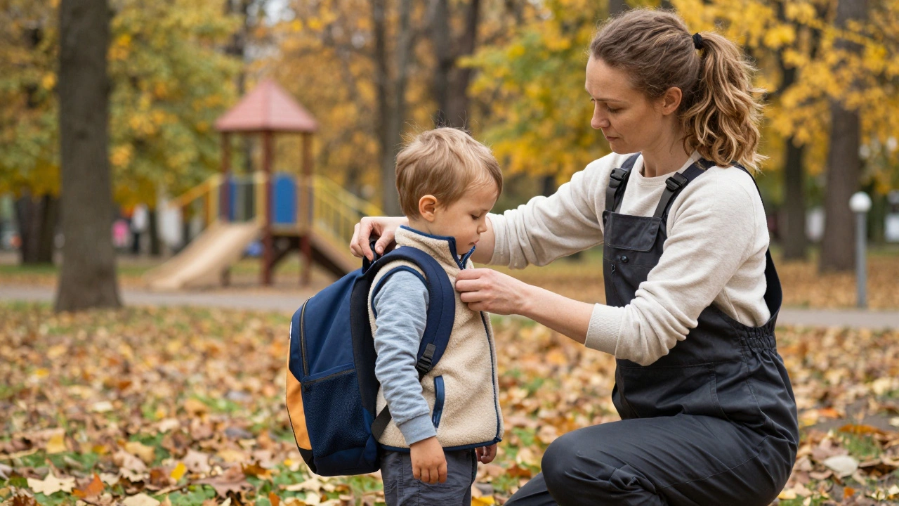 Мама достаёт флисовую майку из сумки, чтобы снять её с ребёнка, который начал потеть в парке осенью.
