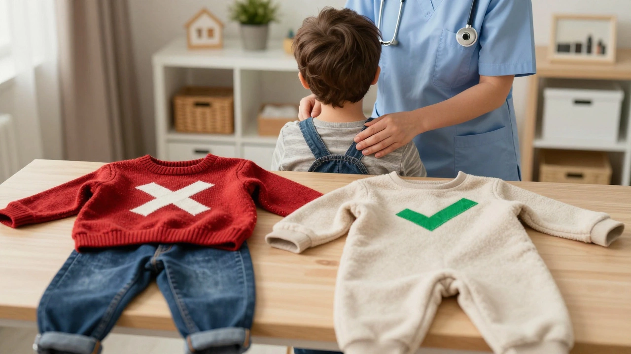 Медсестра проверяет шею ребёнка на влажность через ткань комбинезона в клинике, рядом лежат два варианта одежды.