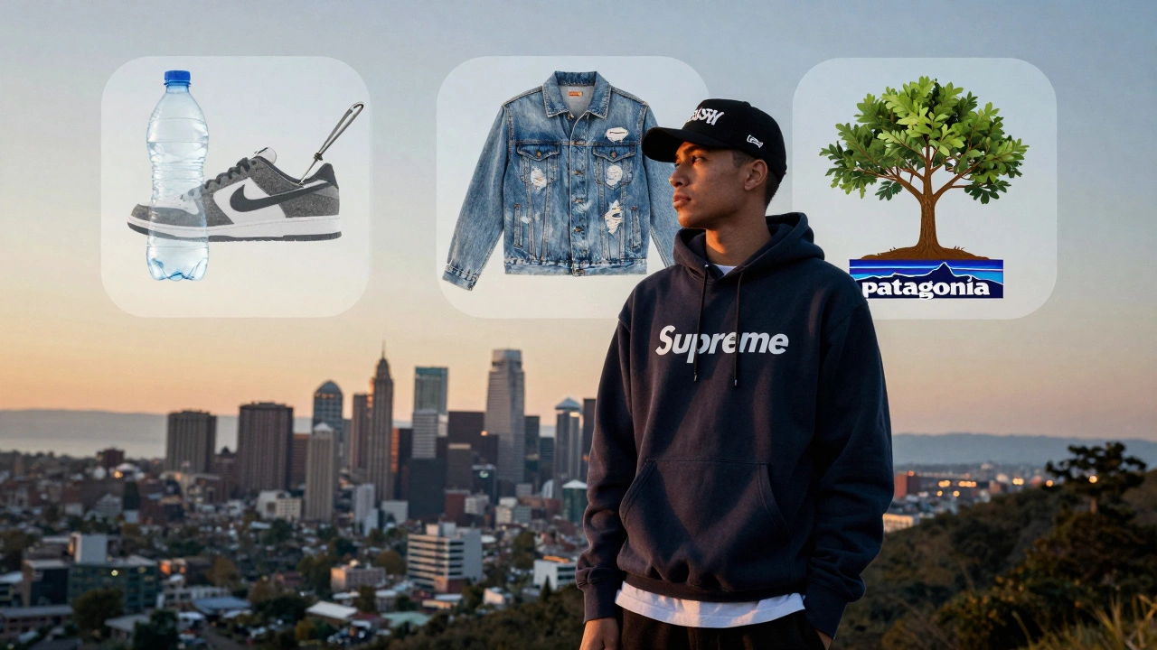 Молодой человек в уличной моде Supreme, Palace и Stüssy с символами устойчивого развития за спиной.