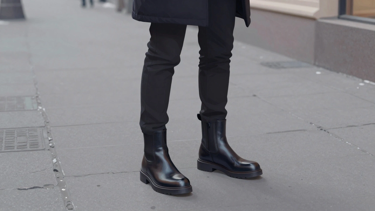 Мужчина в ботинках с тонкой платформой стоит на зимнем тротуаре в темных тонах.