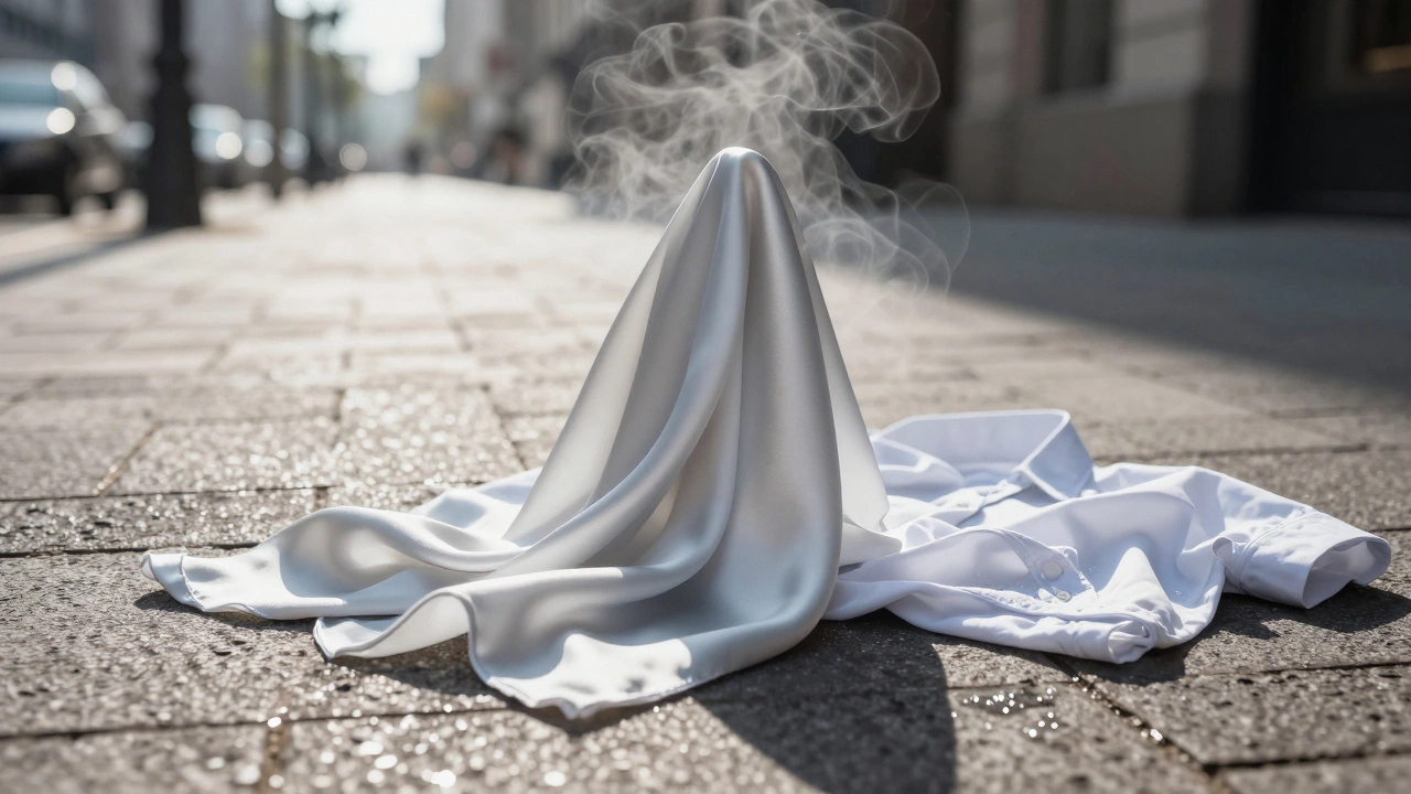 Шёлковый платок на горячем асфальте остаётся сухим, полиэстеровая рубашка покрыта каплями пота.