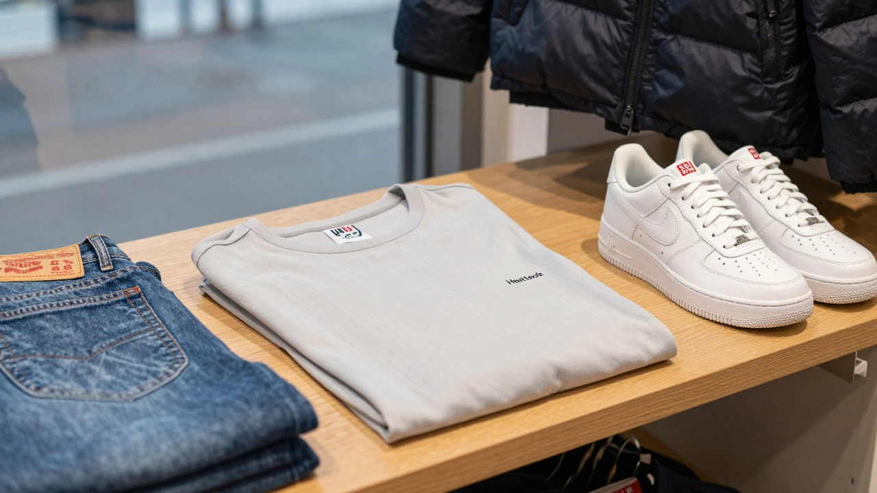 Текстильные изделия Uniqlo, Nike и Levi’s на полке без логотипов, подчеркивающие функциональность.