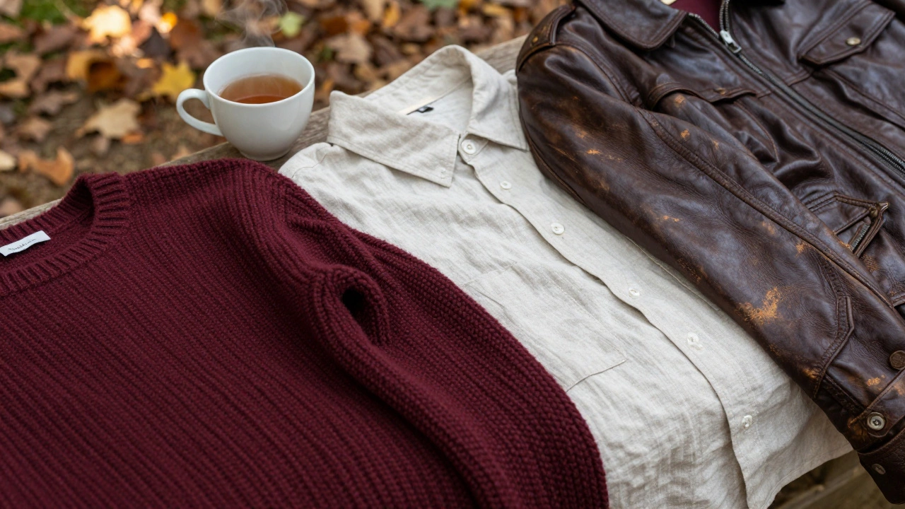 Текстуры натуральных тканей: шерстяной свитер, кожаная куртка и льняная рубашка на деревянной скамье под осенним светом.