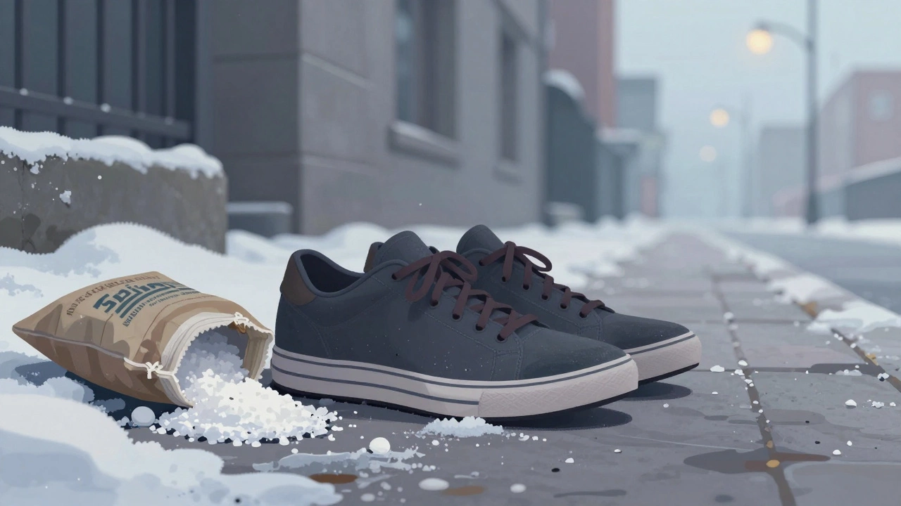Темно-серые кроссовки на снегу с подтаявшей солью и тусклым светом фонаря.