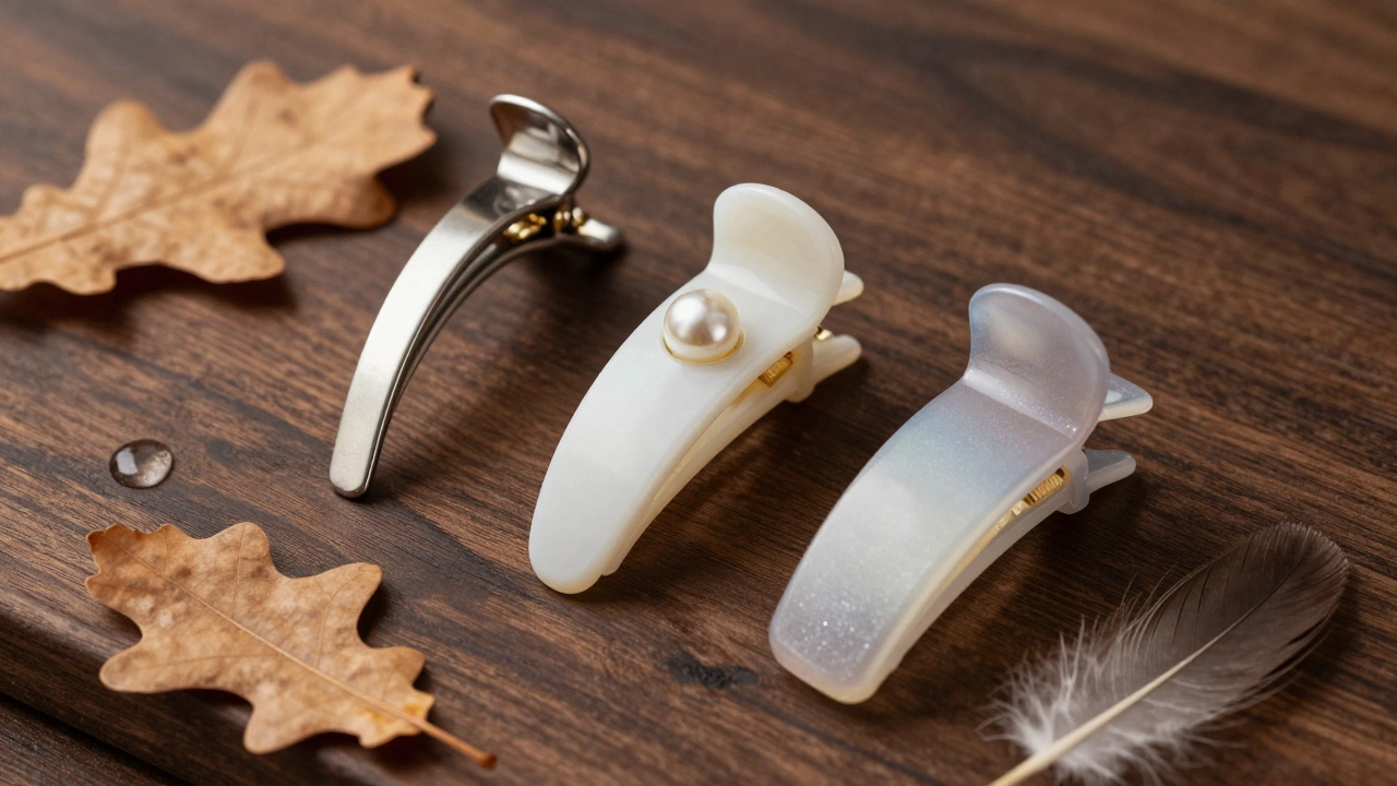 Три модные заколки 2024 года — металлическая, жемчужная и акриловая — на деревянной поверхности с натуральными элементами.