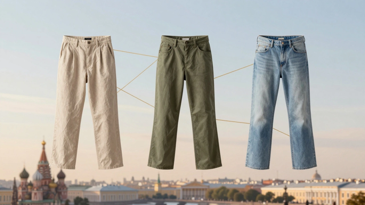 Три пары брюк весны 2024 года — бежевые, оливковые и светло-голубые — парят над городским пейзажем, символизируя универсальность и комфорт.