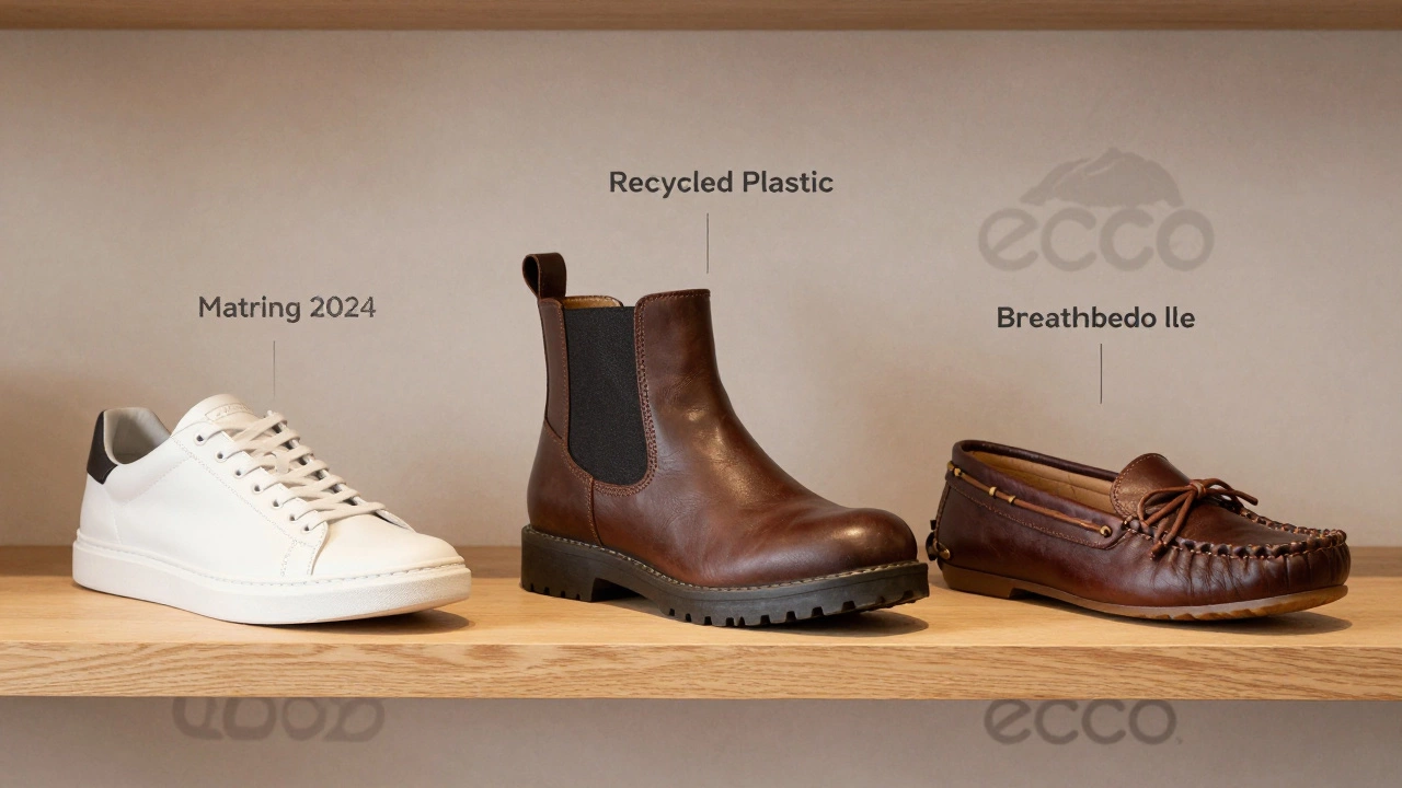 Три пары мужской обуви весны 2024: кроссовки, ботинки и мокасины, расположены на деревянной полке с акцентом на материалы и качество.