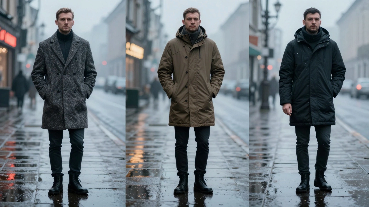 Трое мужчин в разных осенних пальто стоят на мокрой улице, их отражения в лужах.