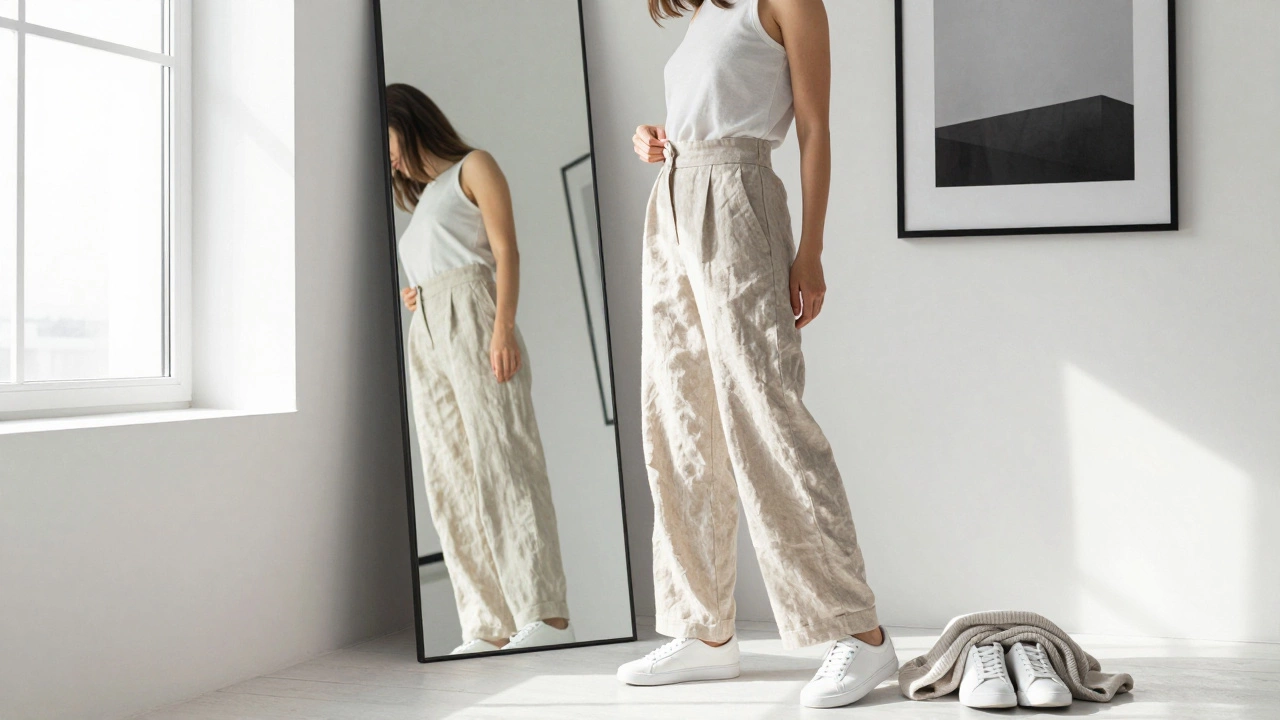 Женщина примеряет бежевые льняные брюки перед зеркалом в светлой комнате, рядом — белые кроссовки и серый свитер.