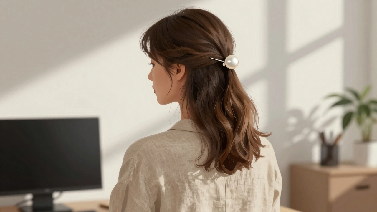 Женщина с полупричёской и крупной жемчужной заколкой на тонкой металлической дужке, в бежевой льняной блузке.