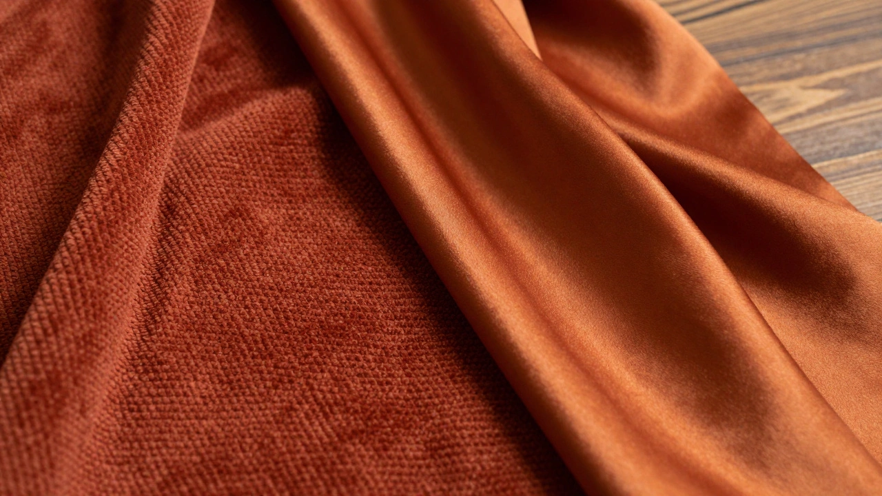 Детальный вид тканей: вельвет и шелк в терракотовых оттенках.