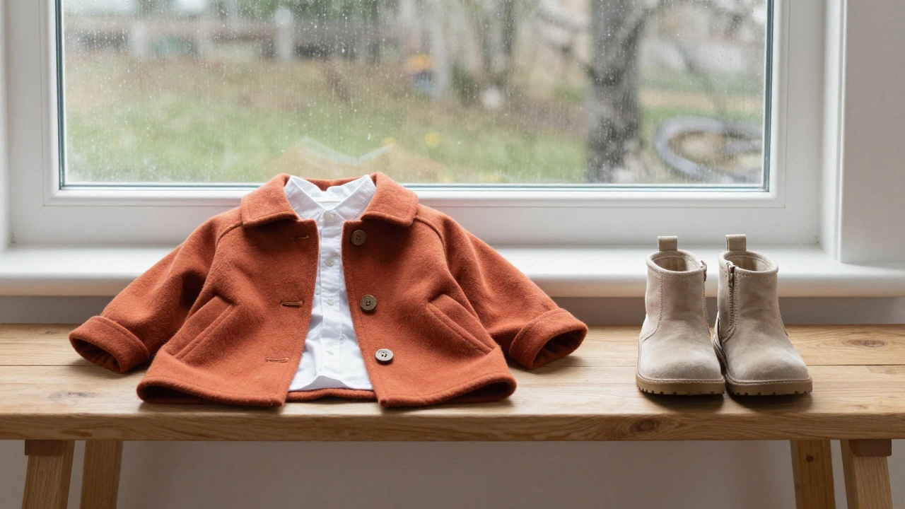 Детская одежда из натуральных тканей на деревянной скамейке у окна с дождевыми потоками.