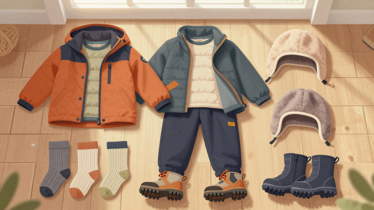 Детская осенняя одежда: куртка, поддевка, брюки и ботинки, аккуратно разложенные на полу с носками и шапкой.