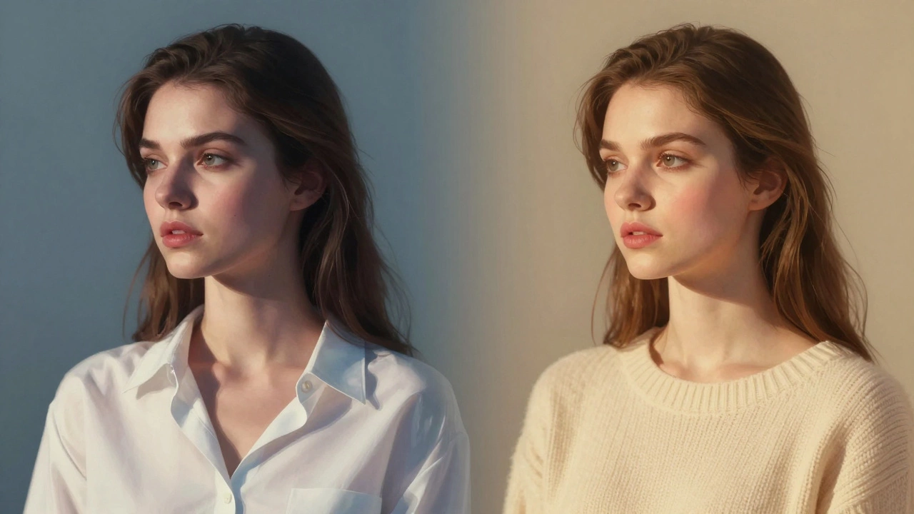 Две версии одной женщины: одна в холодном белом, другая в теплом кремовом — контраст влияния цвета на кожу.