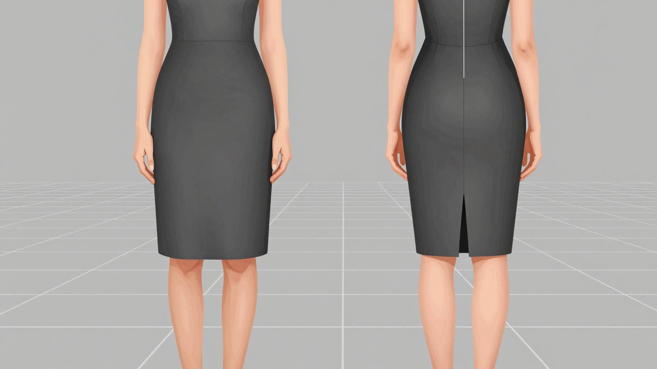 Две женщины одинакового роста: одна в платье до колена, другая — выше колена, визуальное сравнение длины ног.