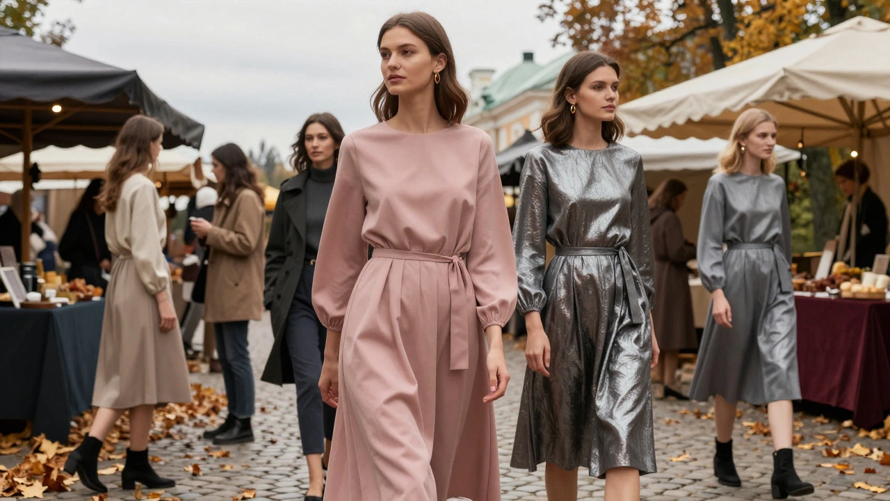 Группа женщин в пыльно-розовом и сером с металлическим отливом платьях на осеннем рынке