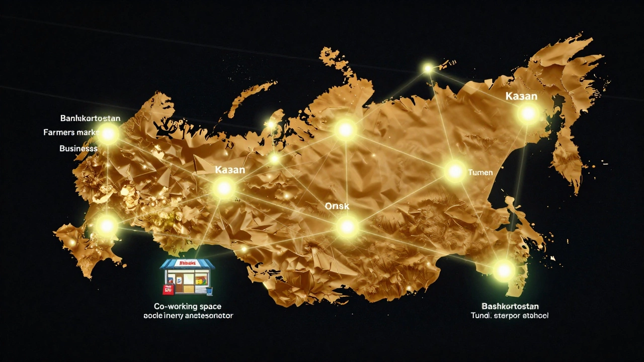 Карта России с теплыми светящимися линиями, соединяющими локальные бизнесы в разных регионах: рынок, мастерскую, ко-рабочее пространство.
