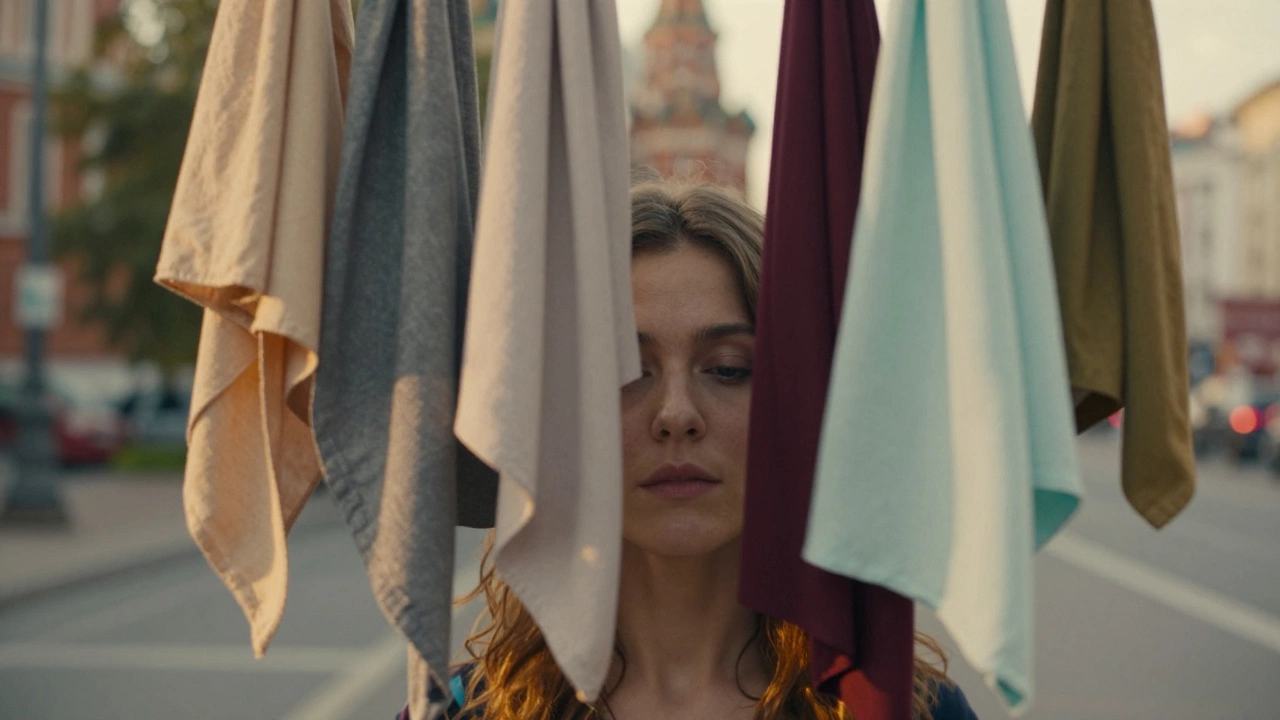 Лицо женщины окружено плавающими тканями: холодные тона тянут вниз, теплые — поднимаются, как свет.