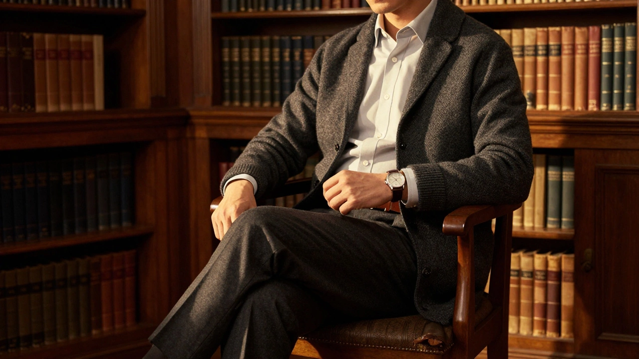 Мужчина в классическом костюме сидит в кабинете с деревянной мебелью.